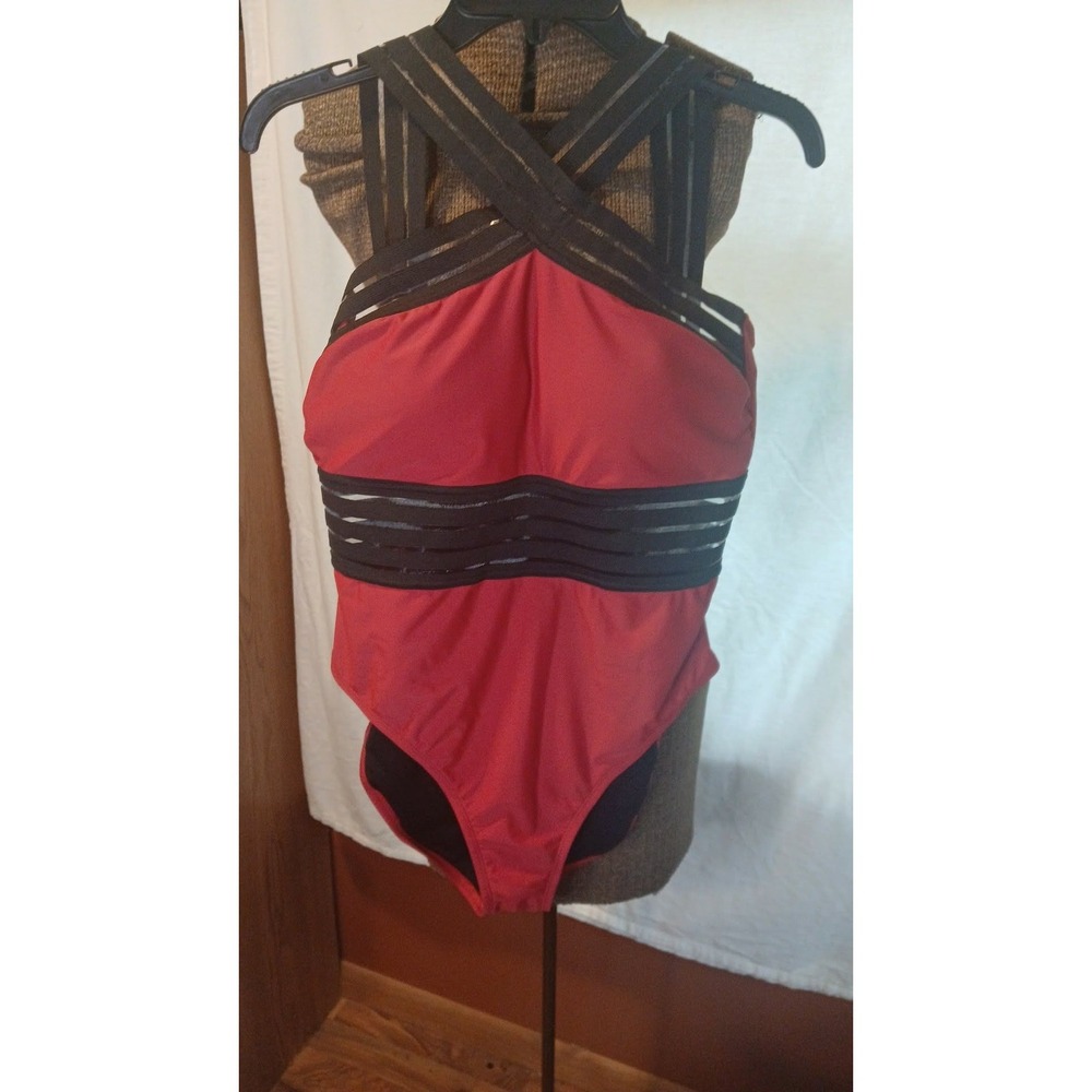 Mycoco Womens Red Black Mesh High Neck Halter One Piece Swimsuit Size L